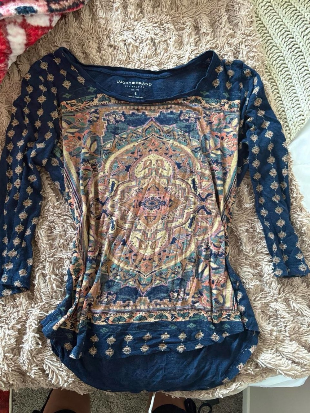 Lucky Brand Navy Boho Medallion Long Sleeve Tee